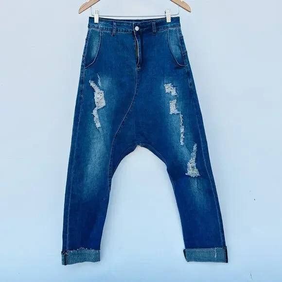 Mia Inspection Stretch Drop Crotch Harem Jeans Distressed 28 Medium Wash - Picture 2 of 9